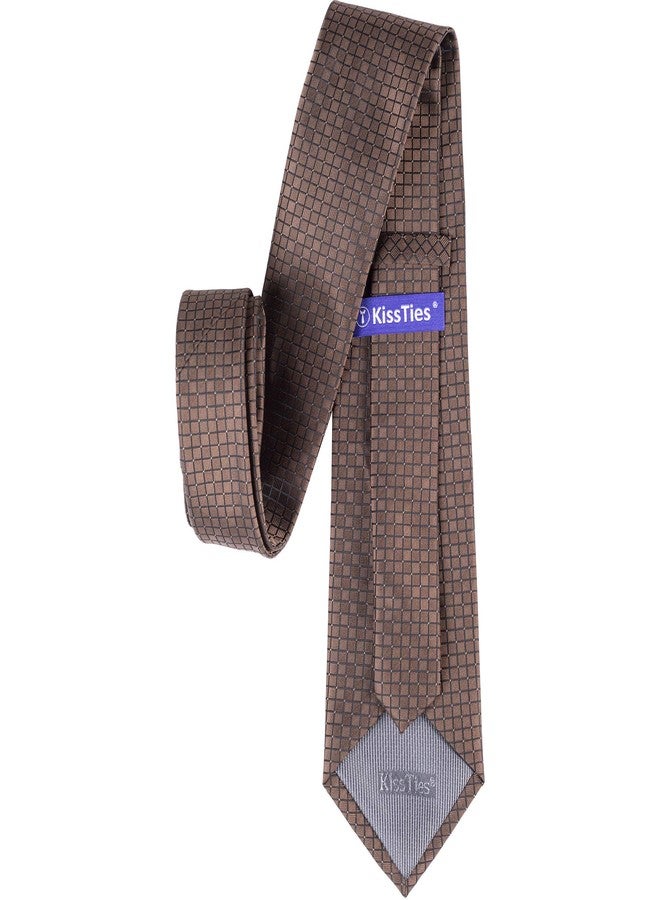 KissTies Mens Truffle Brown Tie Checkered Necktie Wedding Ties For Men - Image 4
